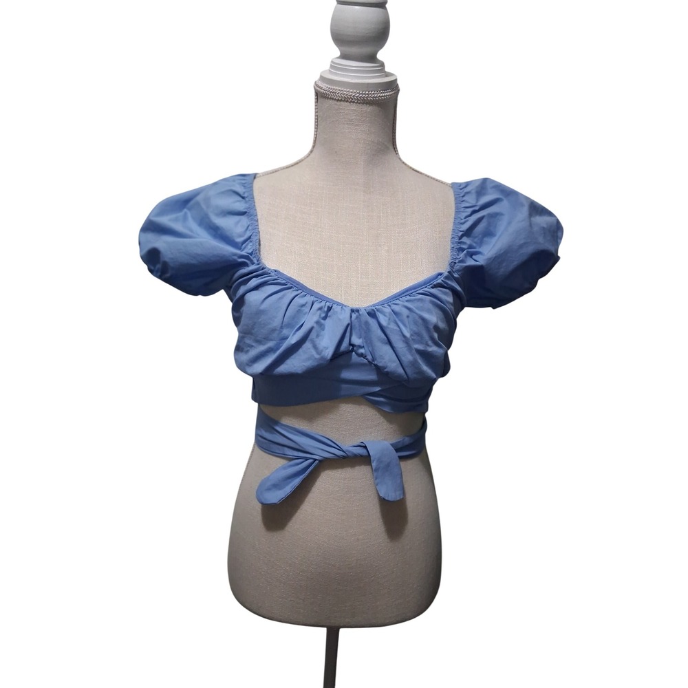Altar'd State Blu Puff Off Shoulder Sleeve Wrap Tie Crop Top Sweetheart Neck XS